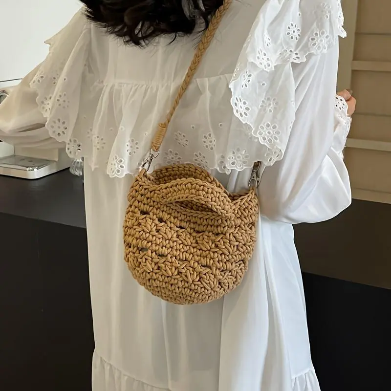 Women's Eco-Friendly Natural Fiber Woven Mini Crossbody Bag - Braided Rope Design, Metal Clasp, Adjustable Shoulder Strap, Shoulder Straps, Eco-Friendly Appearance, Casual Hands-Free Daily Purse