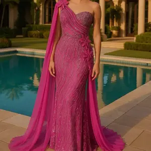 One Shoulder Pink Sequined gown with Floral Embellishments and Beaded Detailing