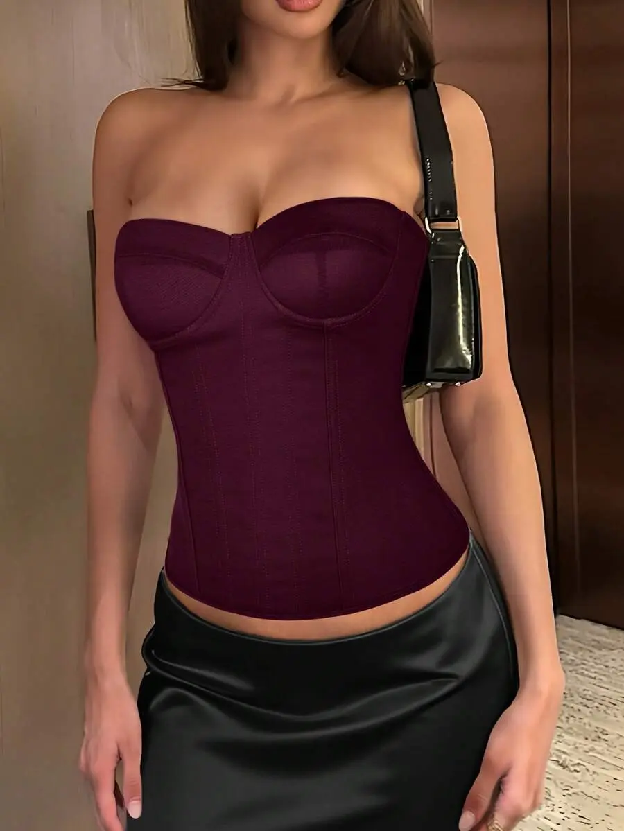 PATTERSON Dark Purple Corset Top Boned Lace Up Back Shapewear Crop Tube Top Valentine's Day Party Outfits Vacation Women Tops Summer