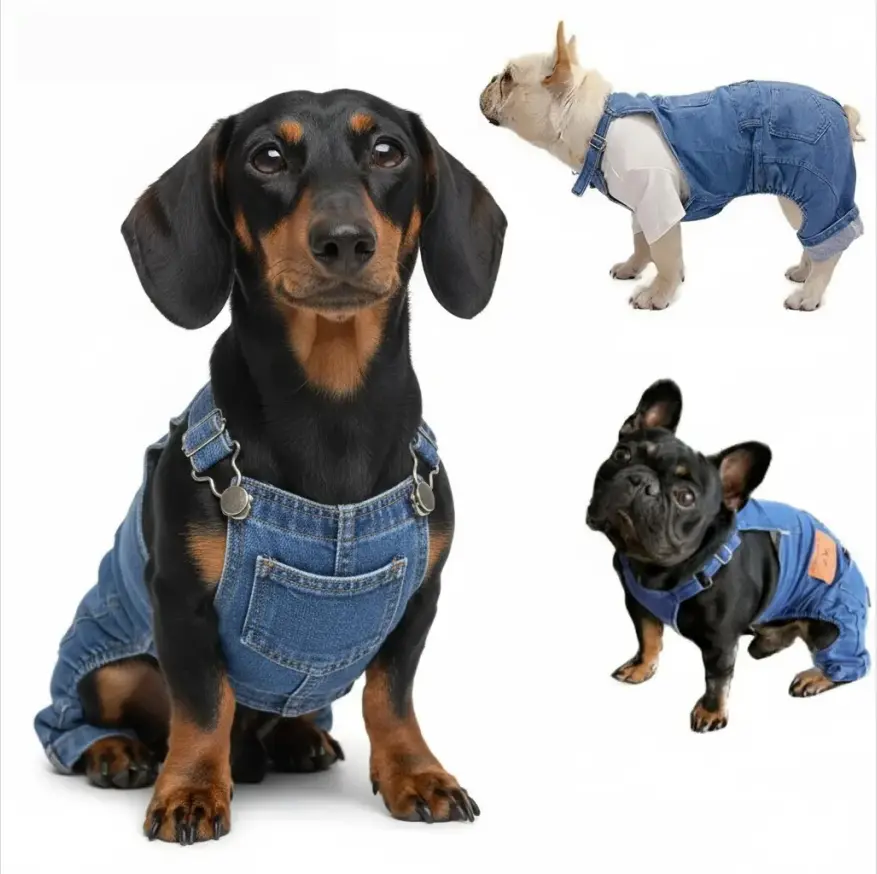 Dog Graphic Denim Overalls - Breathable Fabric, Adjustable Fit, Multi-Size, Protective All-Season Casual Wear for Dachshunds, Hand Wash Only, Halloween Role Play Outfits, Pet Cleanliness Essentials