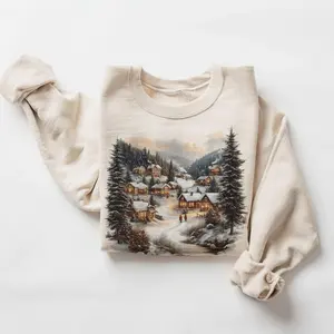 Retro Christmas Winter Village Sweatshirt - Nineties 90s Mountain Pine Trees Decorated Cabins Pullover Cotton