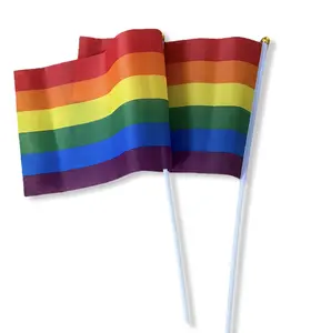 10 Rainbow Pride Stick Flags - LGBT Party Supplies - Plastic Stick, Polyester Fabric Banners