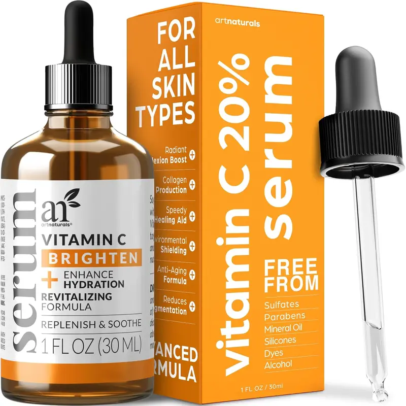 artnaturals Vitamin C Serum - 1 Fl Oz - with Hyaluronic Acid and Vit E - Wrinkle Repairs Dark Circles, Fades Age Spots and Sun Damage - Enhanced 20% Vitamin C