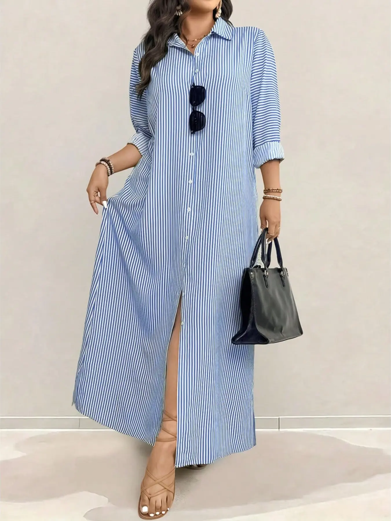 Plus Size Women's Blue Striped Shirt Dress, Classic Collar, Single Button  Front, Side Split Design, French Style, Fit, Casual & Office Wear,  Womenswear - TikTok Shop