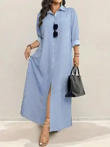 Plus Size Women's Blue Striped Shirt Dress, Classic Collar, Single Button Front, Side Split Design, French Style, Fit, Casual & Office Wear, Womenswear