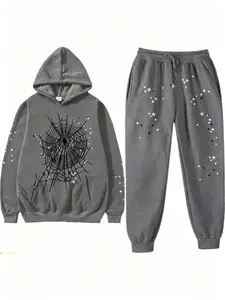 Men's 2-PC Menswear Set, Hooded Graphic Sweatshirt with Spider Web Pattern, Letter Print, Colorful Stars, Street Punk Style, Casual Fitted for Fall & Winter