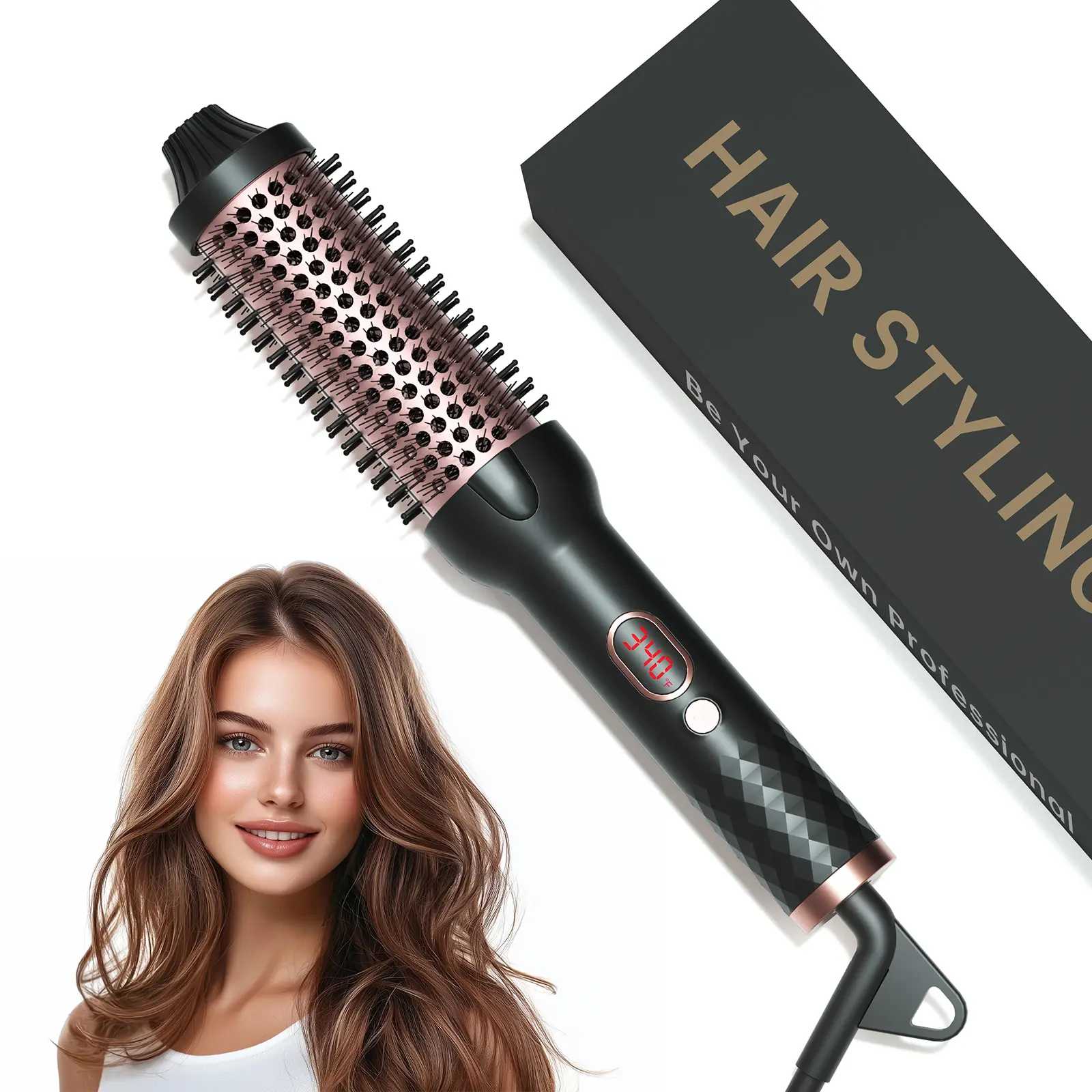 Negative Ion Thermal Brush for Blowout Look, 1.5 Inch Heated Round Brush, Ceramic Curling Brush with Anti-Scald Nylon Bristles,10 Temps & Auto Shut-Off, Dual Voltage Hair Styling Tools Hair Waver Heatless Curler