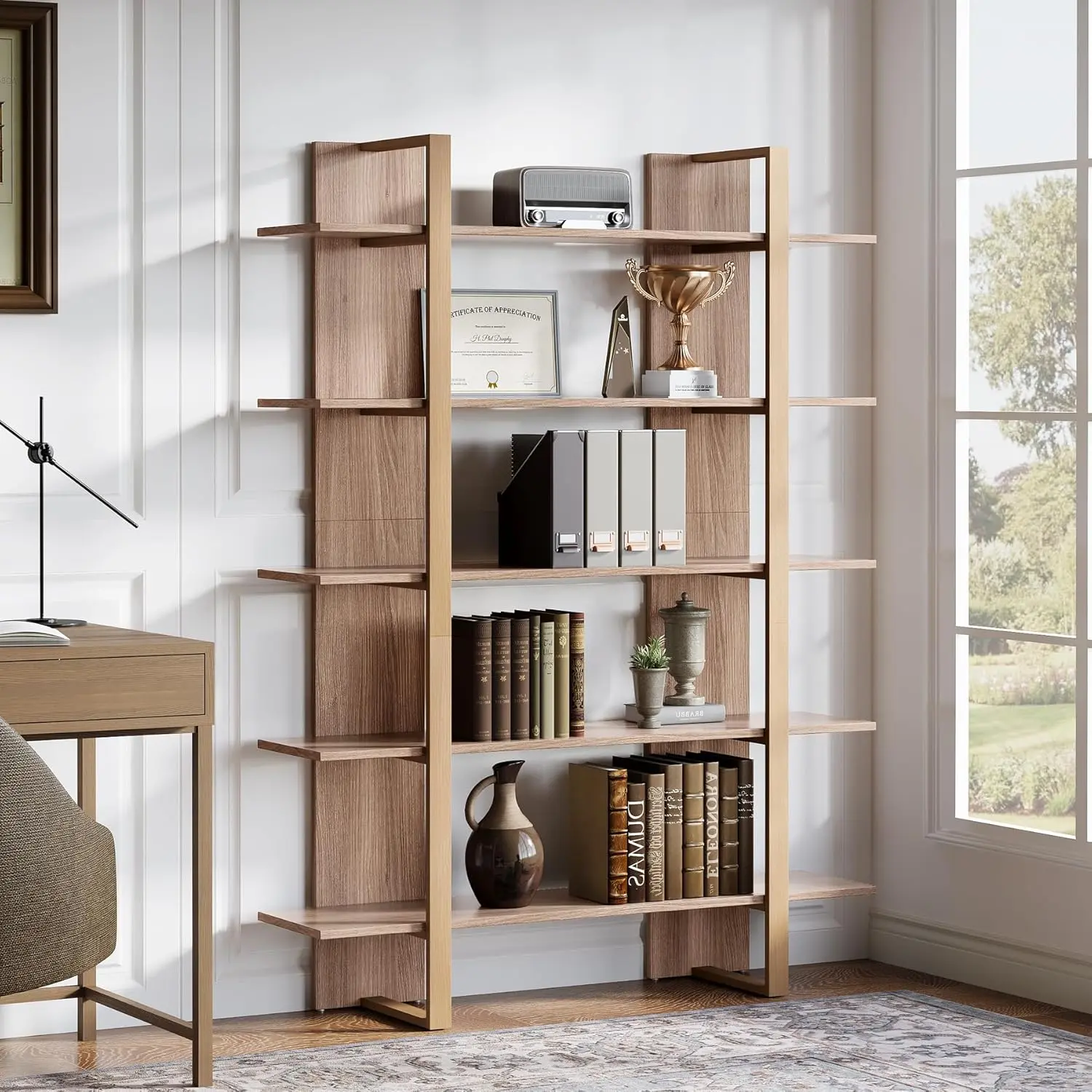 LITTLE TREE 5-Tier 47 Inches Bookshelf Bookcase, Open Bookshelves Etagere Display Office Shelving Unit, for Living Room, Office & Bedroom, Metal & Wood