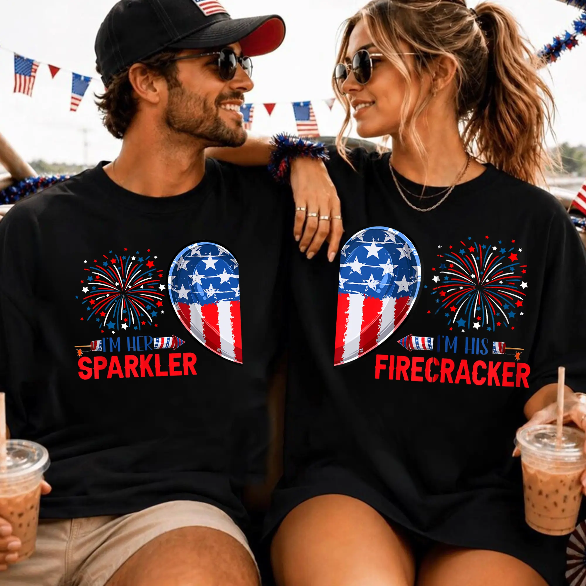 "I'm Her Sparkler & I'm His Firecracker" Matching Couples Shirt, 4th of July Couple Tees, Patriotic Heart Split Graphic Shirt, Funny Independence Day Couple Outfit.