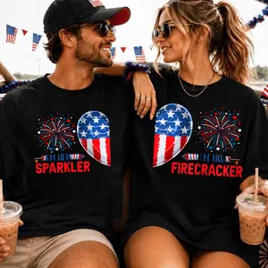 "I'm Her Sparkler & I'm His Firecracker" Matching Couples Shirt, 4th of July Couple Tees, Patriotic Heart Split Graphic Shirt, Funny Independence Day Couple Outfit.