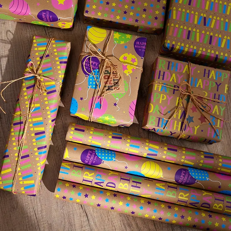 1 Roll Kraft Paper Birthday Gift Wrapping Paper, Vintage Fun Style, Thickened Non-Curling, Ideal for Kids Parties, Adult Gifts, Flower Shop Use