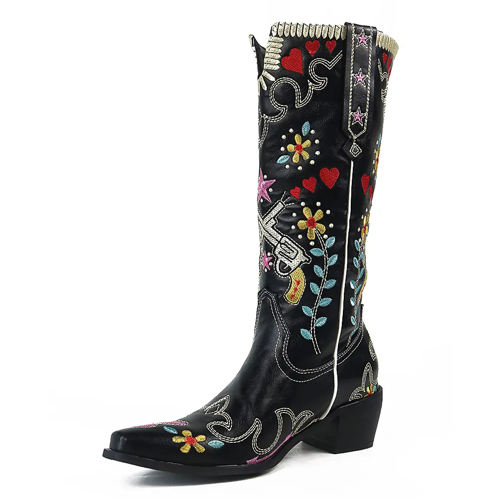 Womens Floral Heart Gun Embroidery Western Cowboy Boots for Women, Pointed Toe Mid Calf Cowgirl Boots with Colorful Star Pattern