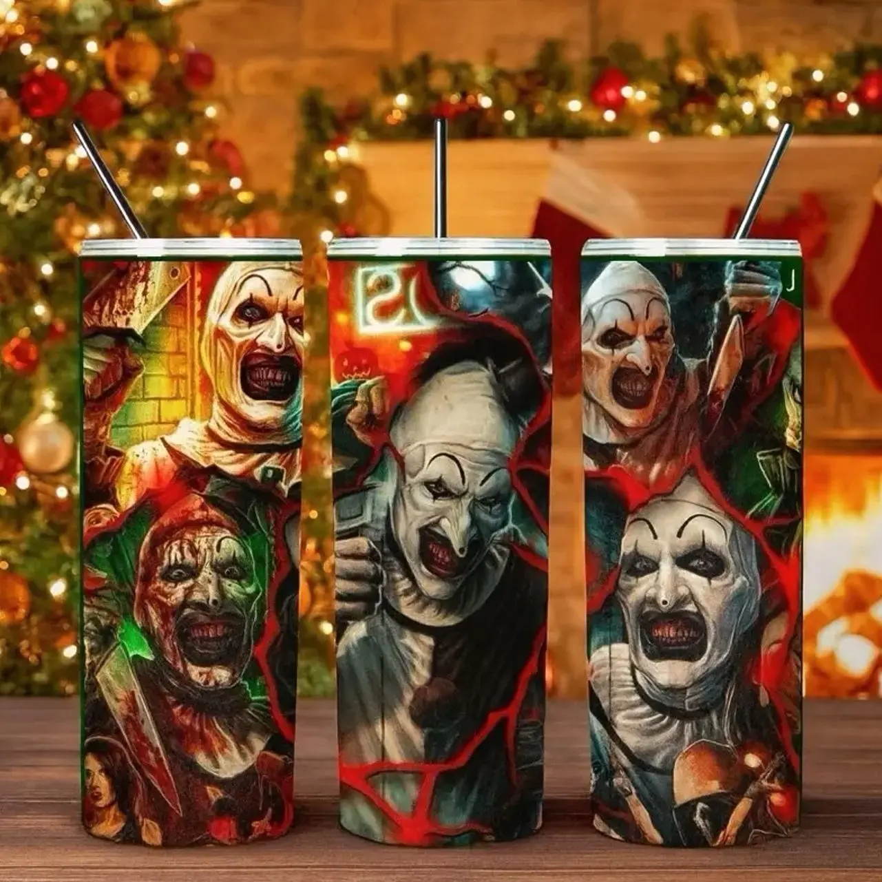 Terrifier Tumbler Art the Clown - Horror Design with Three Unique Clown Images and Straws Included Bottle Drinkware Water Bottles Mug Cup Washable Bottled Portable Reusable Insulated Straw Lid Kids