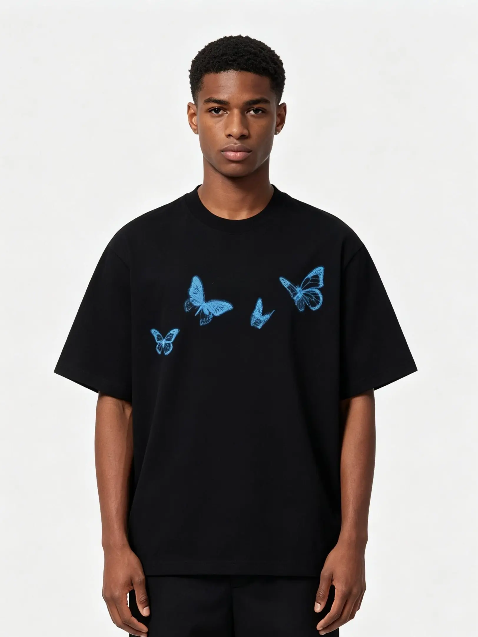 Unisex 100% Heavyweight Cotton Oversized Crew Neck Short Sleeve Tee Faint Blue Sketch Butterfly Minimal Front Print Casual Street Top stylish