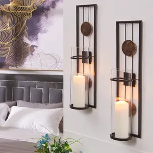 20 in. Modern Floating Decorative Metal Medallion Pillar Candle Sconces – Wall Mount – Set of 2