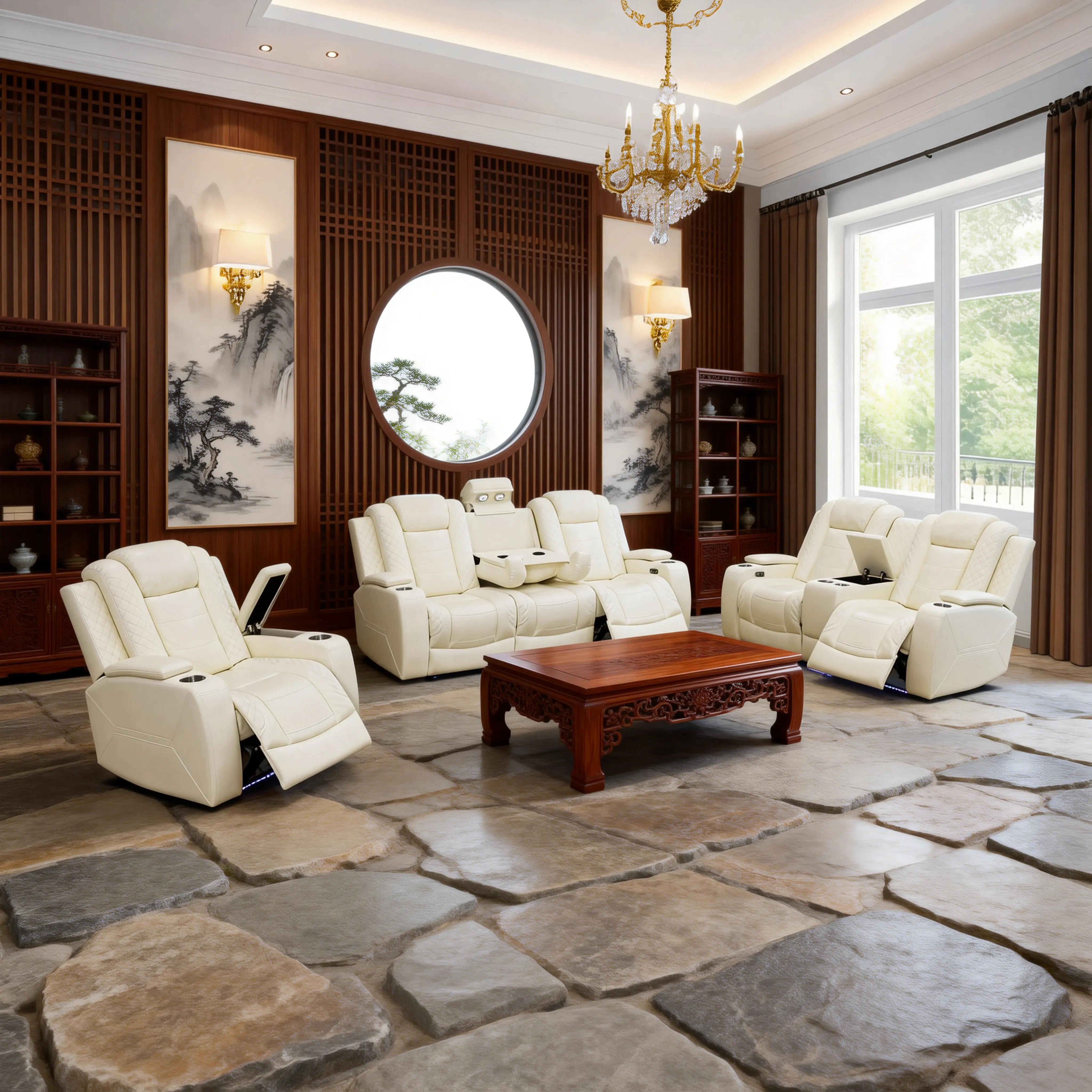 Summervibes 3-Piece Breathable Leather Recliner Sofa Set - Recliner Loveseat, Chic Elegant Design, Comfortable Seating, Sophisticated Finish - Indoor Home Living Room Modern Lounge Furniture for Entertaining Guests