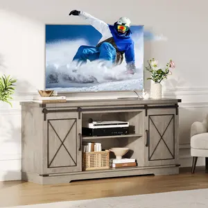 GARVEE Farmhouse Entertainment Center with Sliding Barn Doors and Adjustable Shelves, Media Storage Console Table for Living Room or Bedroom, Fits Screens up to 65 Inches, Grey Finish