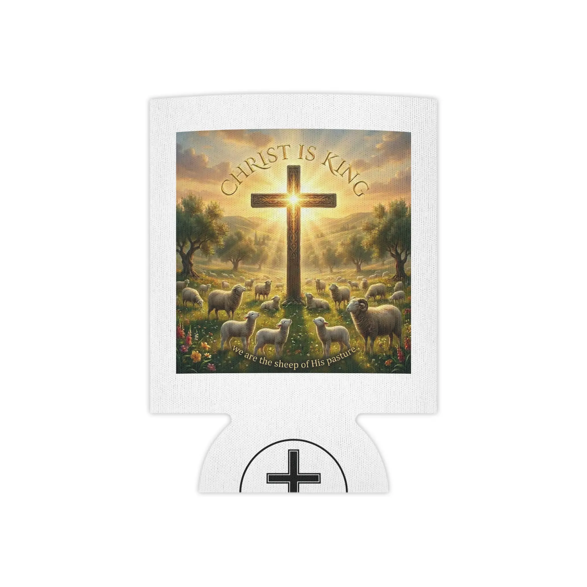 Christian Faith Lightweight Drink Can Cooler - Christ Is King Cross and Sheep Design, Fits Regular Cans