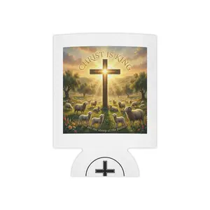Christian Faith Lightweight Drink Can Cooler - Christ Is King Cross and Sheep Design, Fits Regular Cans