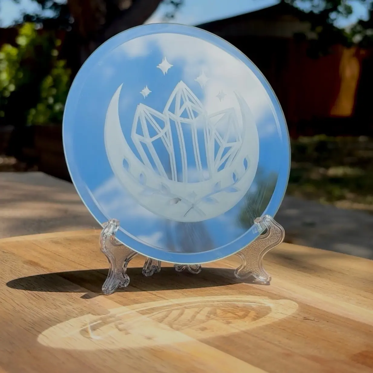Crystals and Moon etched glass mirror