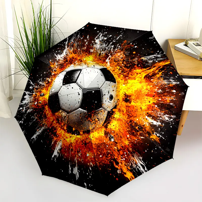 1 PC Automatic Folding Umbrella - Fiery Soccer Ball Exploding Artwork Pattern, Portable & Foldable Design with 8 Ribs, Merry Christmas Pattern,Casual Outdoor Accessory Halloween and Christmas Birthday Gifts. D0093