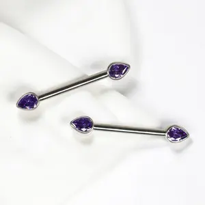 Titanium Nipple Ring Purple Amethyst Teardrop Dainty Lightweight Internally Threaded Piercing Jewelry for Women