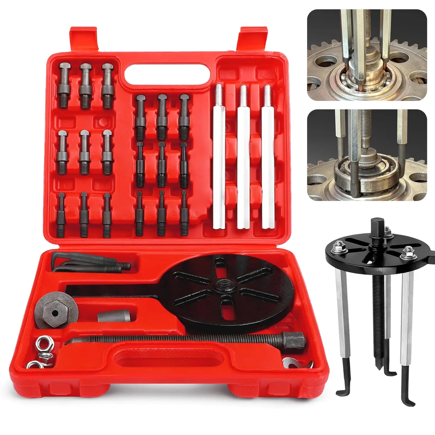 21-Piece Bearing Puller Set, Blind Internal Hole Bearing Removal Tool Kit with Red Steel Collets & Curved Hooks, Inner Bearing Extractor Set for Deep Groove Bearings 6005-6010, 6205-6210, 6305-6310, with Carrying Case