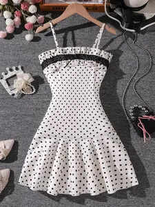 Girls' Polka Dot Strap Dress with Lace Trimmed Hem, Elegant Slim Fit Design for Stylish Sweet Fashion, Perfect for Summer