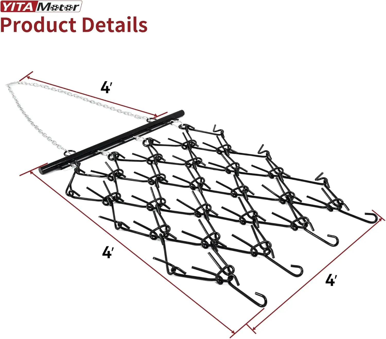YITAMOTOR 4'x 4' Heavy Duty Drag Harrow, 3/8in Tines, Black