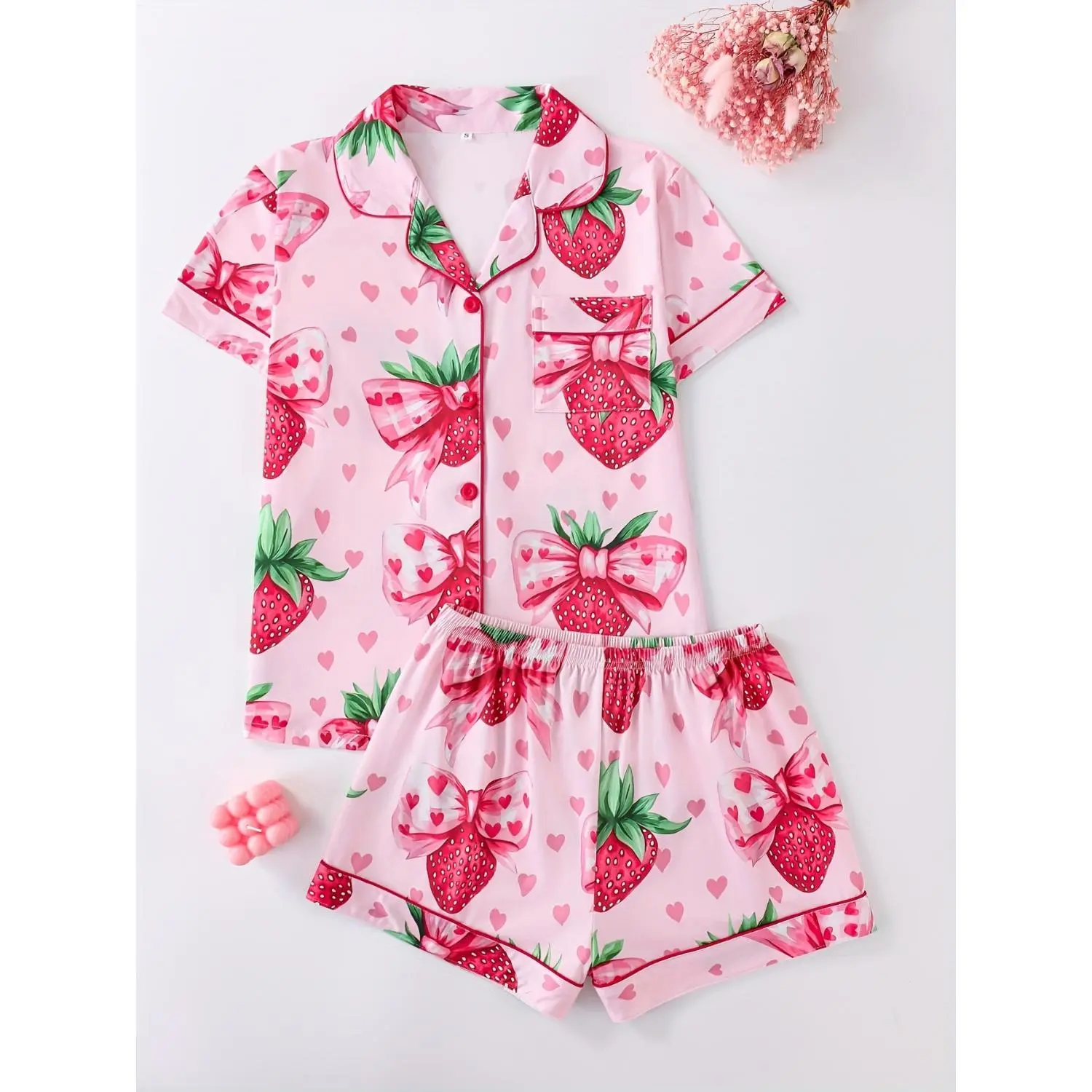 Strawberry Heart Women's Pajama Set - Short Sleeve Button-Up Shirt & Loose Shorts, All-Season Polyester Sleepwear, Casual & Comfortable