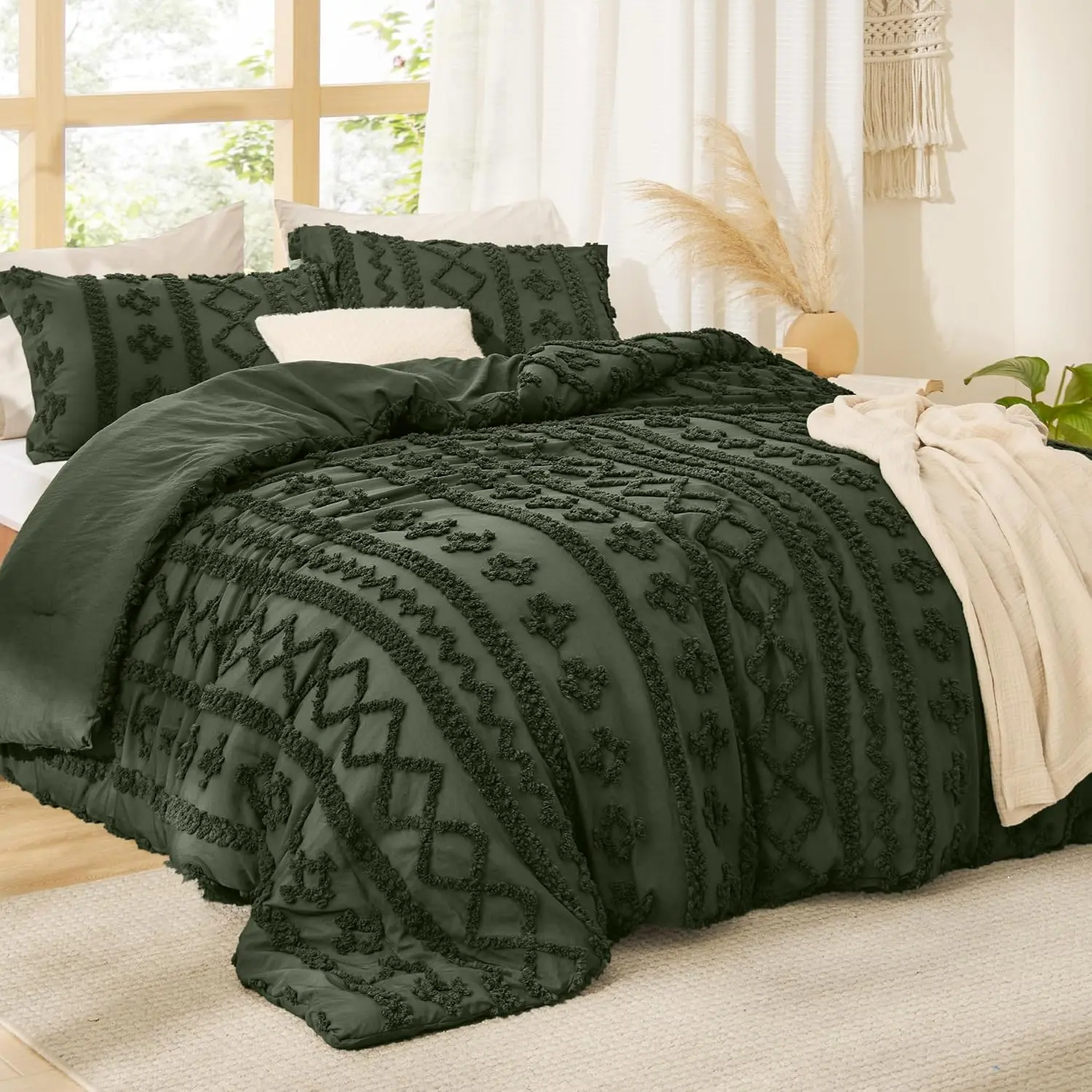 Tufted Boho Comforter Queen Size - Olive Green Boho, Farmhouse Embroidery, Gifts for Woman, Jacquard Queen Comforter for Seasons