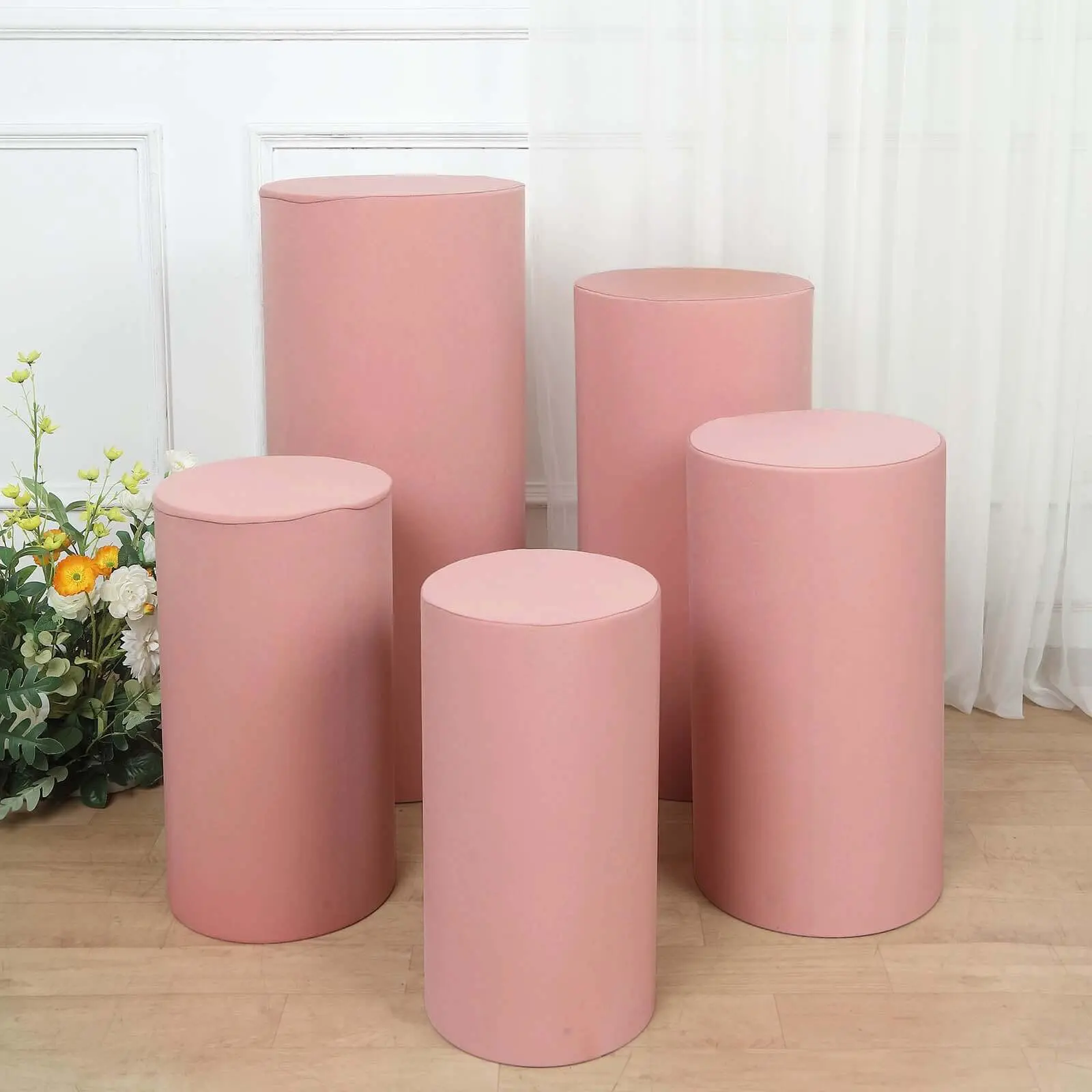 Dusty Rose Spandex Cylinder Pedestal Stand Covers (Set of 5) - 160 GSM Stretchable Machine Washable Pillar Cover for Wedding Decor