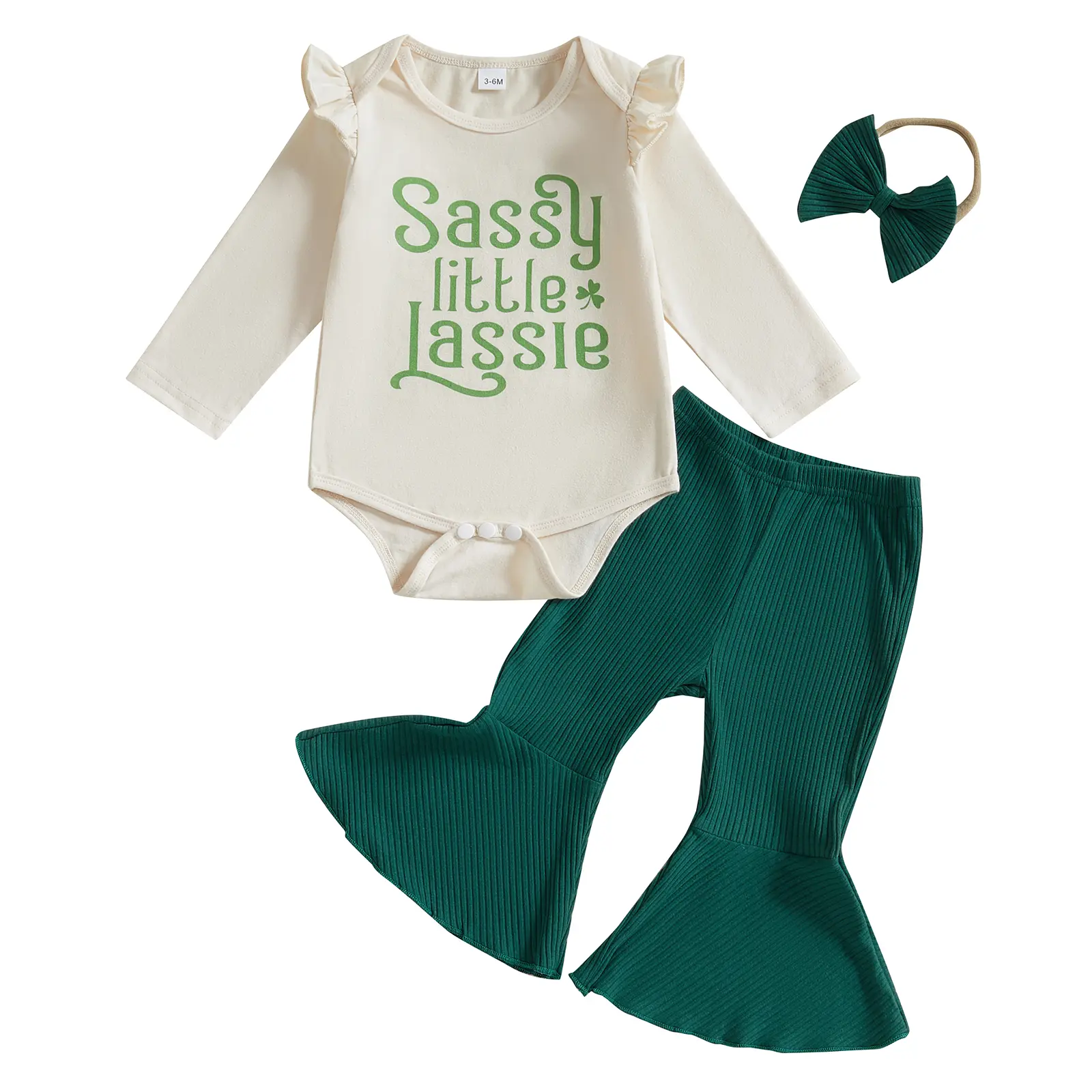 Canrulo Newborn Baby Girl St Patricks Day Outfit Letter Clover Print Long Sleeve Romper Bell Bottom Pants Headband 3Pcs Set