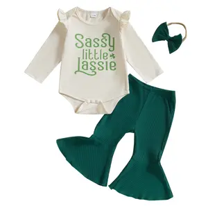 Canrulo Newborn Baby Girl St Patricks Day Outfit Letter Clover Print Long Sleeve Romper Bell Bottom Pants Headband 3Pcs Set