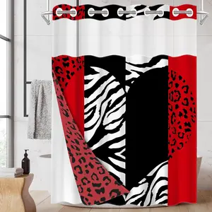1pc 2D Flat Printing hookless shower curtain hanger liner Love Leopard Zebra Pattern Fabric waterproof lining shower curtain with transparent window, double-layer shower curtain, 71 x 74 inches, modern home curtain decoration