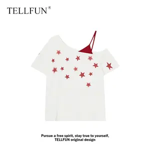 TELLFUN Women's Y2K Star Graphic Off-The-Shoulder Short-Sleeve Tee, Retro Oversized Fit Streetwear Top, Fashionable Casual Comfortable Style Womenswear T-Shirt