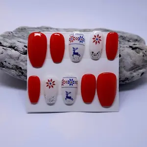 [BUY 2 GET 1 FREE] Red and White Christmas Press On Nails, Nordic Snowflake and Reindeer Design, Holiday Sweater-Inspired Nail Art Set