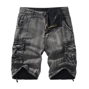 Men’s vintage washed cargo shorts, summer tactical work denim shorts with multiple pockets