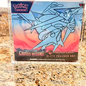 Chaos Rising ETB Acrylic Display, Top Loading, crystal Clear, 6 strong Magentic close, Pokemon elite trainer box, custom fit, display case, protect, uv dust keep It sealed
