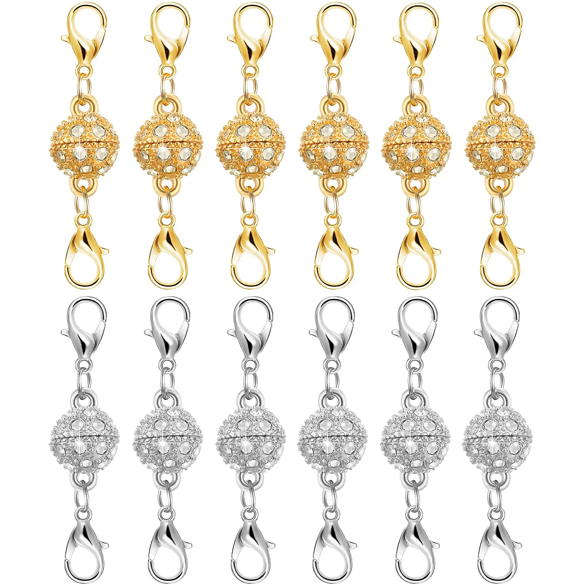 12-Pack Strong Magnetic Necklace Clasps & Extenders - Gold/Silver Plated Stainless Steel Jewelry Closures with Charm, Perfect Gift for Jewelry Making