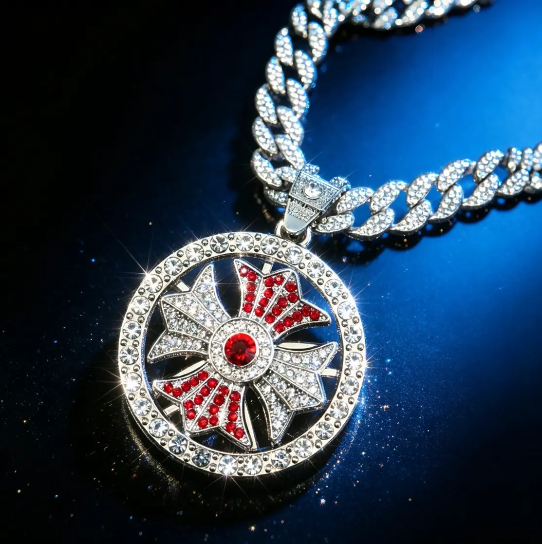 Men's Full Rhinestone Rotatable Cross Windmill Pendant Cuban Link Necklace - Cuban Necklaces, Chains, Men's Accessories for Adults, European-American Hip Hop Street Costume Jewelry