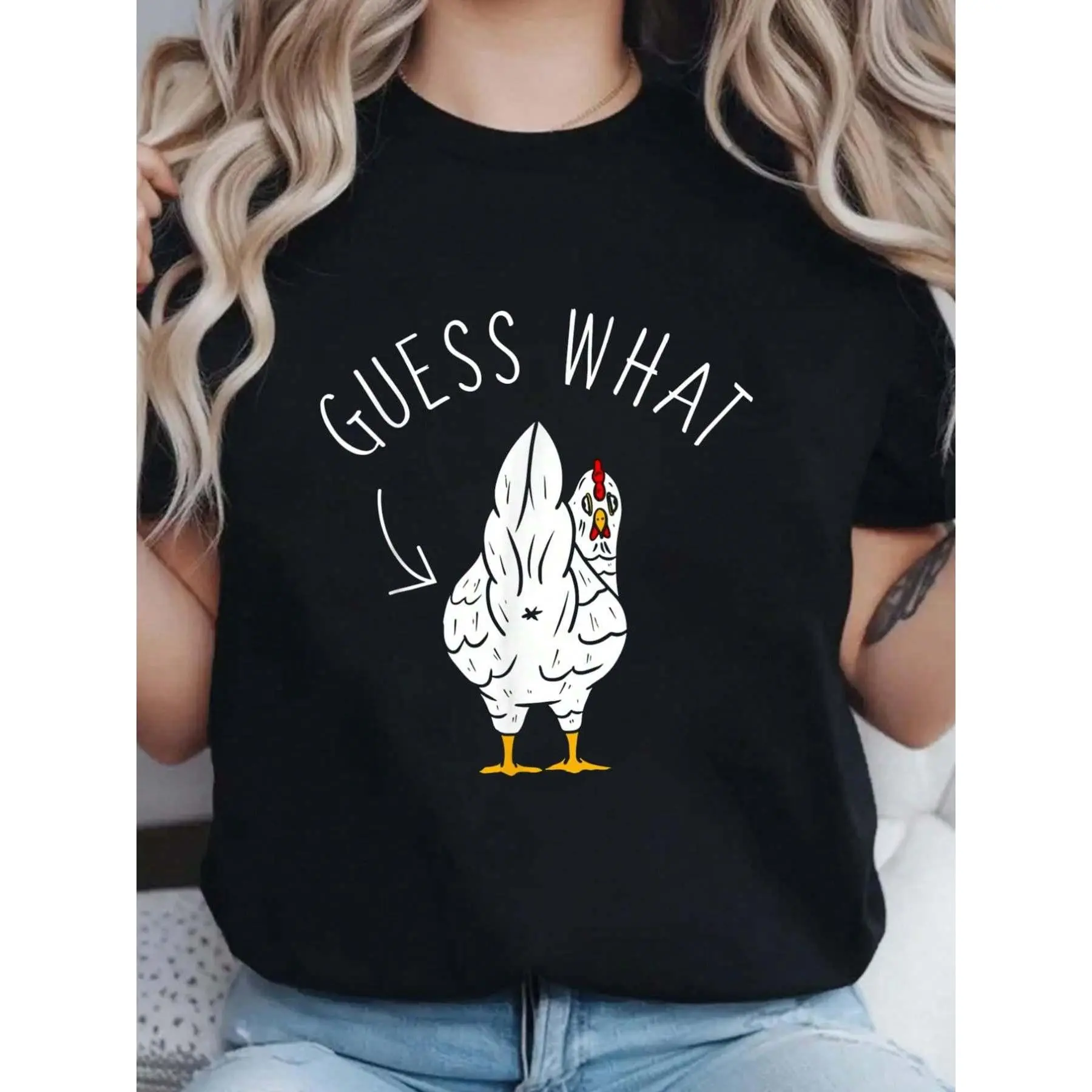 Women’s Black 180g Cotton Crewneck Short Sleeve Graphic Tee "Guess What" Humor Chicken Back Print T-Shirt for Casual Wear, Stylish Comfortable Outfit, Trendy Fashion Tops for Ladies, Soft Breathable Material, Perfect Gift Idea