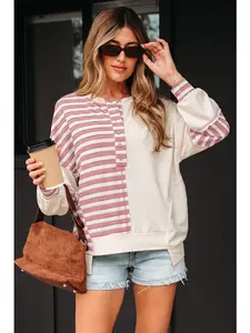 Women's Cotton Oversized Color Block Patchwork Hoodie Sweatshirt - Longsleeves Pink Stripe Stitched Detail, Casual Comfortable Polyester-Blend Pullover Top