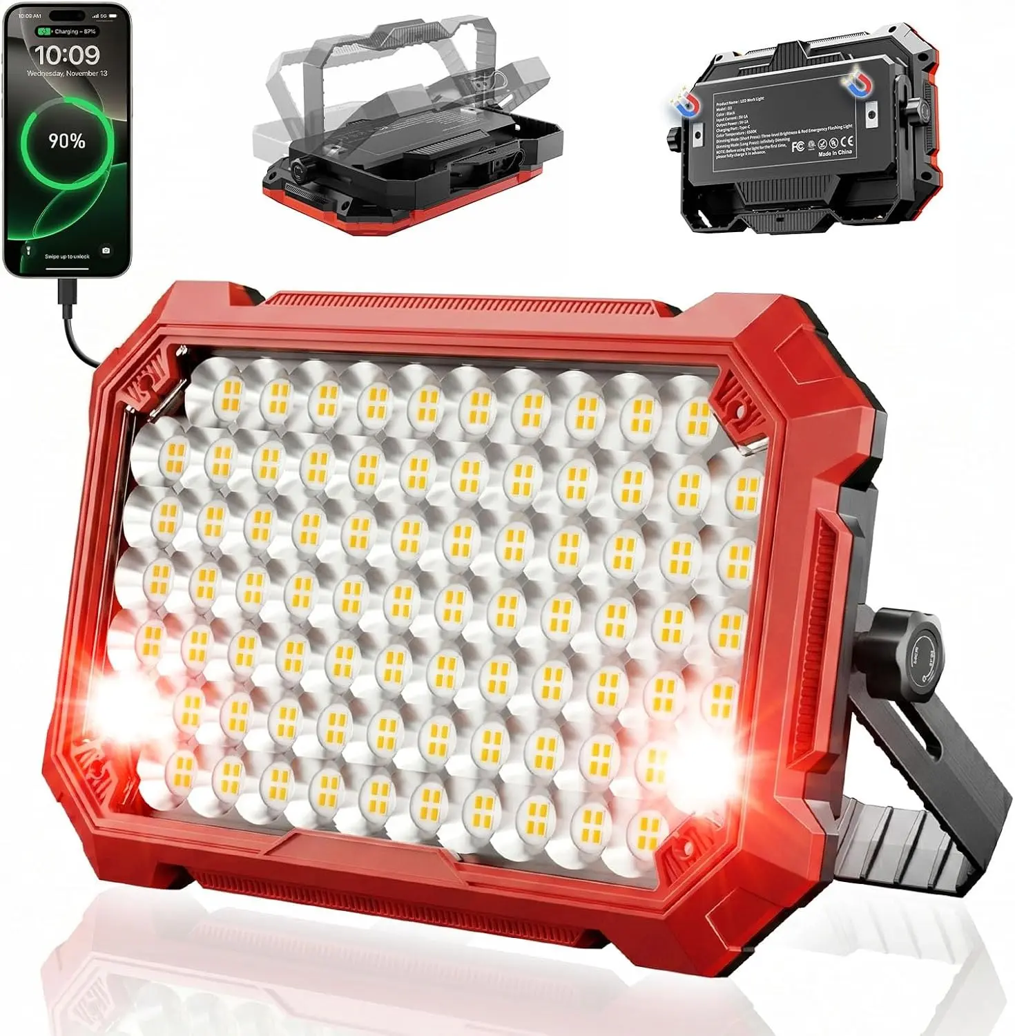 COSJM Built-in Power Bank Magnetic LED Floodlight, 13000mAh 10000LM ABS+Glass LED Work Light, IP65 Waterproof, 180° Rotating Bracket, 4 Modes, Emergency Power-Off, Outdoor Tool Gift for Men