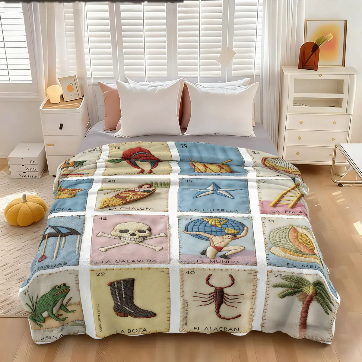1 piece of Mexican Loteria Card themed stitching element flannel throw blankets for all seasons, perfect gift for sofas, beds, camping and travel. A must for card lovers