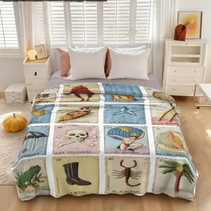 1 piece of Mexican Loteria Card themed stitching element flannel throw blankets for all seasons, perfect gift for sofas, beds, camping and travel. A must for card lovers