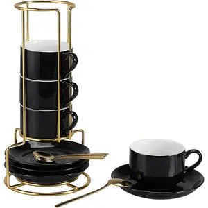 3 Ounce Espresso Cups Set of 4, Stackable Demitasse Mugs, Includes Display Stand, Cups Saucers, and Spoons, for Machines & Home Use, Black, Gold Tone