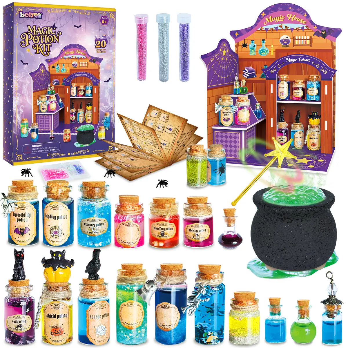 BEIREG Colorful Magic Potion Kit for Kids - 20 Unique Bottles, Witches Cauldron, Stirring Wand, Mystery House, Exquisite Design - Halloween Pretend Play Craft, Enhances Family Bonding Time, Gifts for Boys Girls Ages 6-12 for Christmas, Birthdays