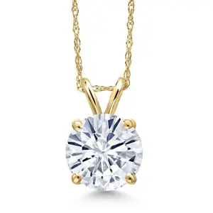 Gem Stone King 14K Yellow Gold White Moissanite Pendant Necklace for Women | 1.90 Cttw | Gemstone Birthstone | Round 8MM | With 18 Inch Chain