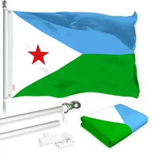 G128 Combo Pack: 6 Ft Tangle Free Aluminum Spinning Flagpole (Silver) & Djibouti Djiboutians Flag 3x5 Ft, LiteWeave Pro Series Printed 150D Polyester | Pole with Flag Included